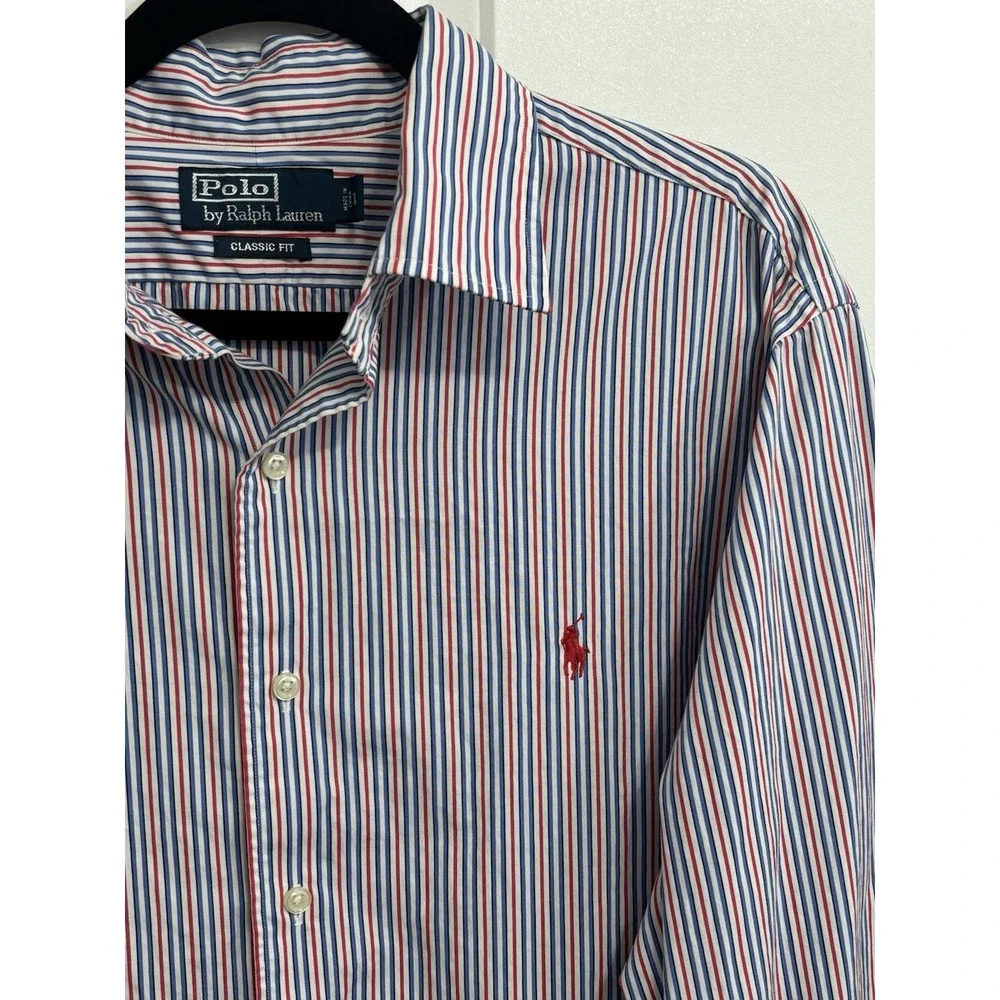 Polo Ralph Lauren Classic Fit Stripe Button Down Shirt Men's XL Red Blue Cotton